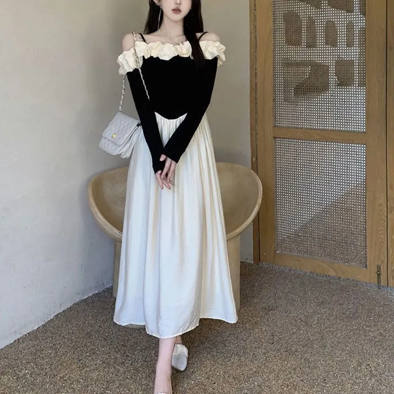 French Style Slash Neck Dresses Spring Autumn New Aura Elegant Ruffles Female Clothing Stylish Patchwork A-Line Waist Midi Dress