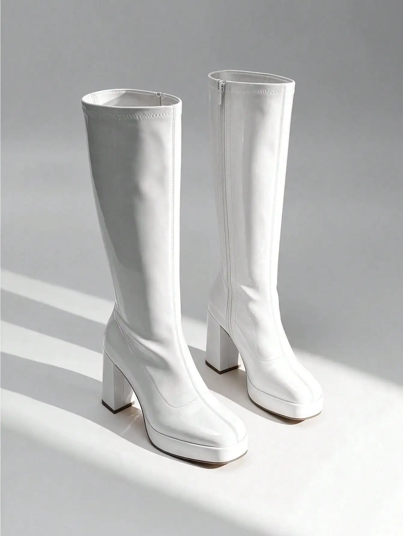 Women's Gogo Knee High Boots, Chunky Block Heel Platform Tall Boots, Side Zipper Design, Cute Pull-On Style Fashion Footwear, Trendy Fall Boots Women, Versatile Retro Boots for Daily Outfits, Party, Halloween Costume Wear, Stylish Y2K Knee High Gogo Boots