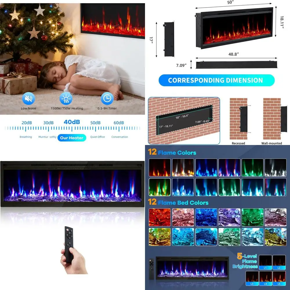 

50 электрических каминных вставок, настенный или встраиваемый обогреватель 750/1500 Вт, с пультом ДУ, регулировкой цвета и яркости пламени, таймер на 9 часов