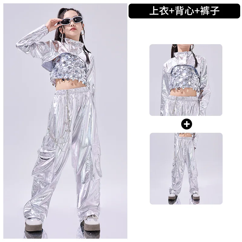Girls Silver Sequins Hip Hop Costume Crop Top Sequin Vest Shiny Pants for Kids Jazz Clothes Street Dance Stage