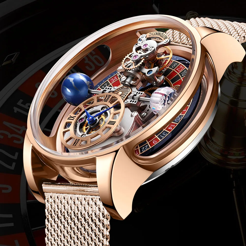 Pindu Design Mens Watches Theme Celestial Roulette Watch Convex Mirror Clear Design Water Resistant Leather Jacob Co Men\'s Watch