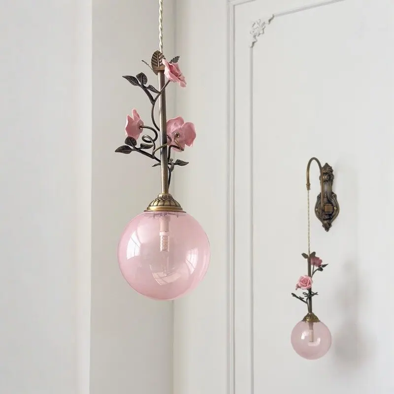 Copper French Bedside Wall Lamp Pink Glass Ball Rose Flower Wall Lamp Creative Personality Retro Art Bedside Bedroom Wall Lamp