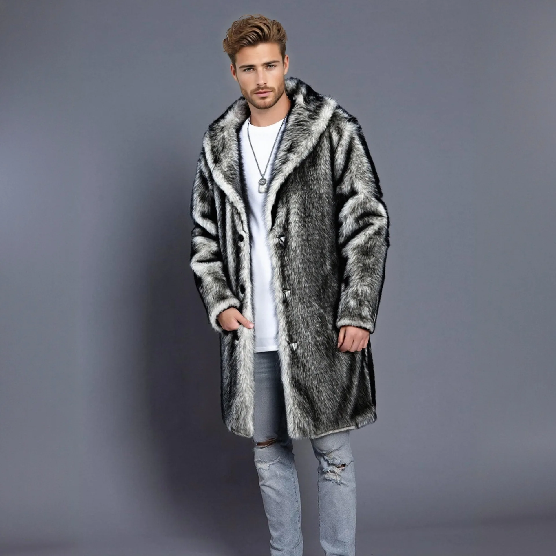 European New Fashion Men Turn-down Collar Single Breasted Long Sleeve Knee Length Casual Simple Faux Fur Jackets Male Coats Tops