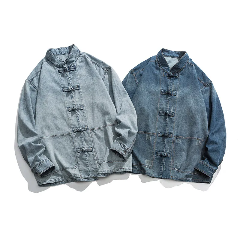 

Loose Fit Men's Denim Jaet Spring Autumn Youth ular Sle Traditional Chinese Tang Costume Sle Windproof Long Sve O...