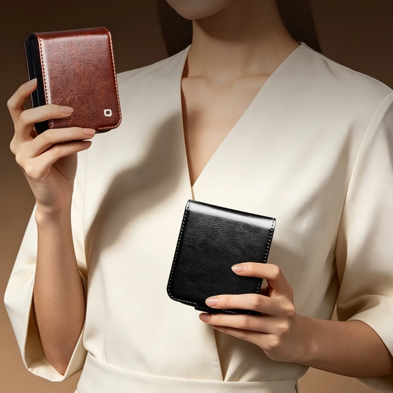 QIALINO Natural Genuine Leather Case for Samsung Galaxy Z Flip 8 7 6 5 Flip8 Flip7 Flip6 Flip5 5G Premium Cowhide Wallet Cover