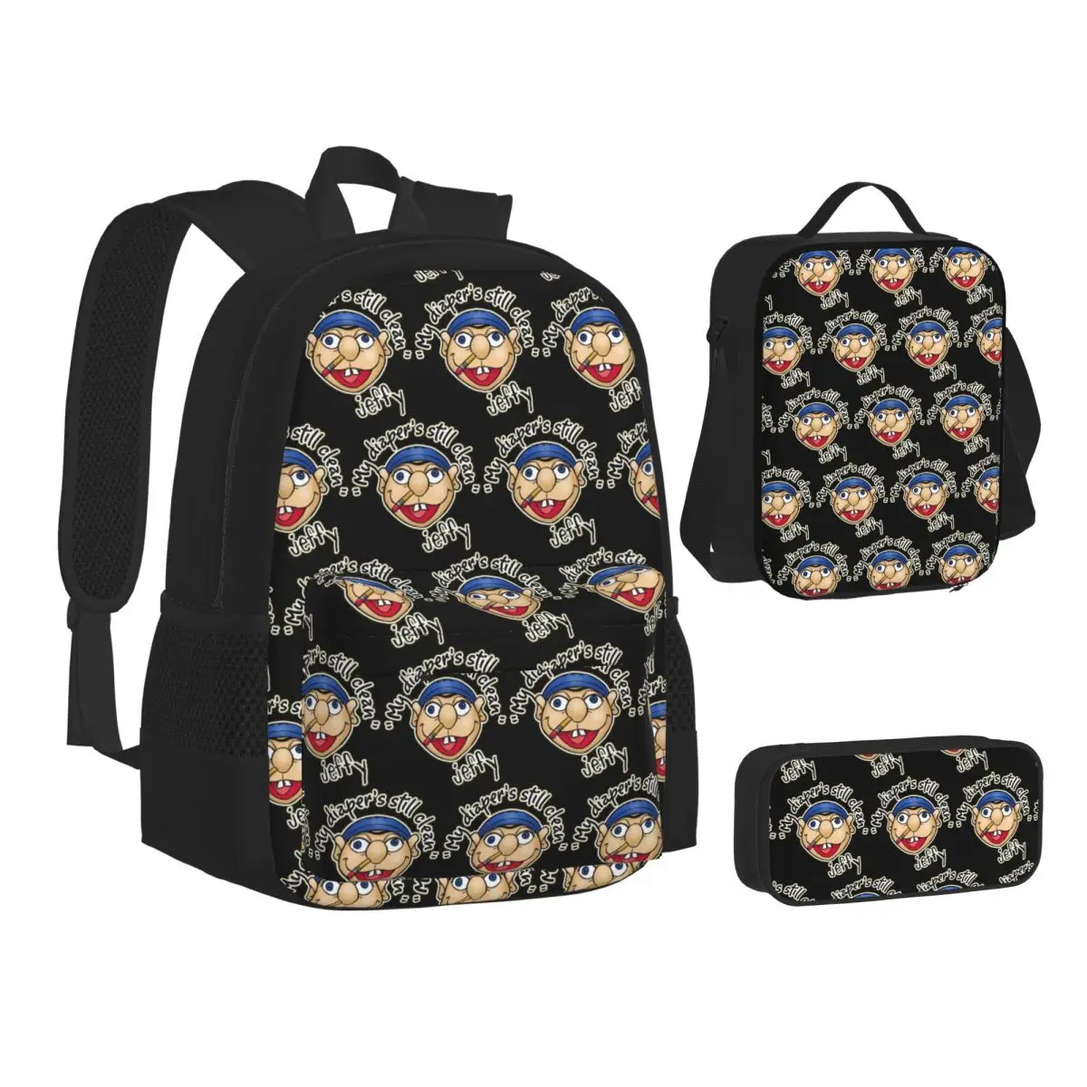 Jeffy My Diaper's Still Clean SML Backpacks Bookbag Students School Bags Kids Rucksack Lunch Bag Pen Bag Three-Piece Set