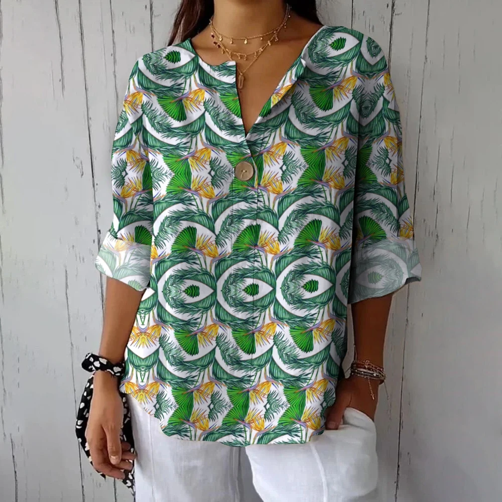 

Green Crew Neck Casual Shirt for Women, Hawaiian Style, Seaside Coconut Tree Print, Long Sleeve, Loose Traf, Women's Clothes