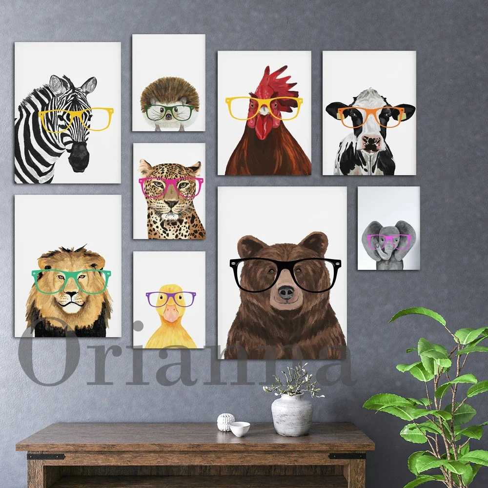 Leopard Panda Tiger Zebra Orangutans Cock Duck Cow Funny Wear Glasses Animal Wall Art Canvas Print Home Kid Room Nursery Decor