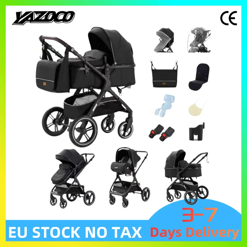 Ensemble de poussette 3-en-1 haut de gamme pour bébé, avec tapis de siège doux, respirant et anti-transpiration, poussette haute pour nourrisson, accessoires de voyage complets, panier de rangement extra large sous le siège, roues robustes amortissantes, construction pliable en une seule étape pour gagner de la place.
