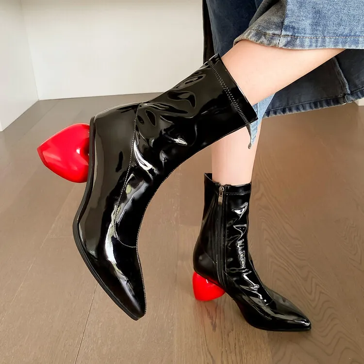 

Black Patent Leather Women Short Boots Stretch Prom Party Pumps Red Heart Design Strange High Heels Botines Femmes Chaussure