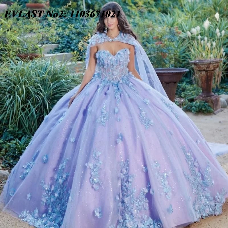

EVLAST блестящее сиреневое платье Quinceanera по индивидуальному заказу, бальное платье с блестящей цветочной аппликацией и бусинами, накидка Sweet 16, Vestidos De 15 Anos E2QA88