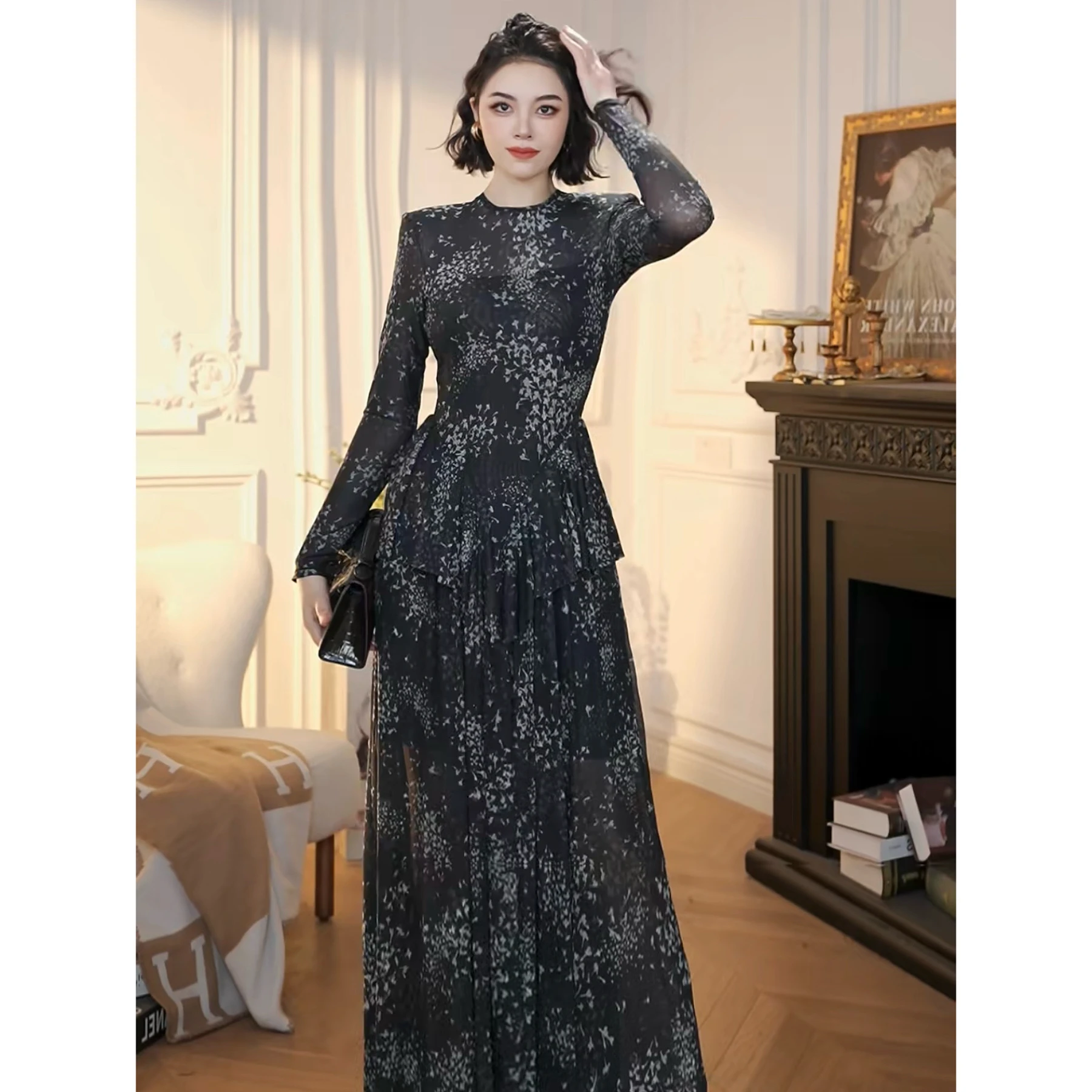 

Elegant Black Floral Lace Long Sleeve Slimming Maxi Dress High Waist Midi Skirt Polyester Fiber High Elasticity X Version Dai...