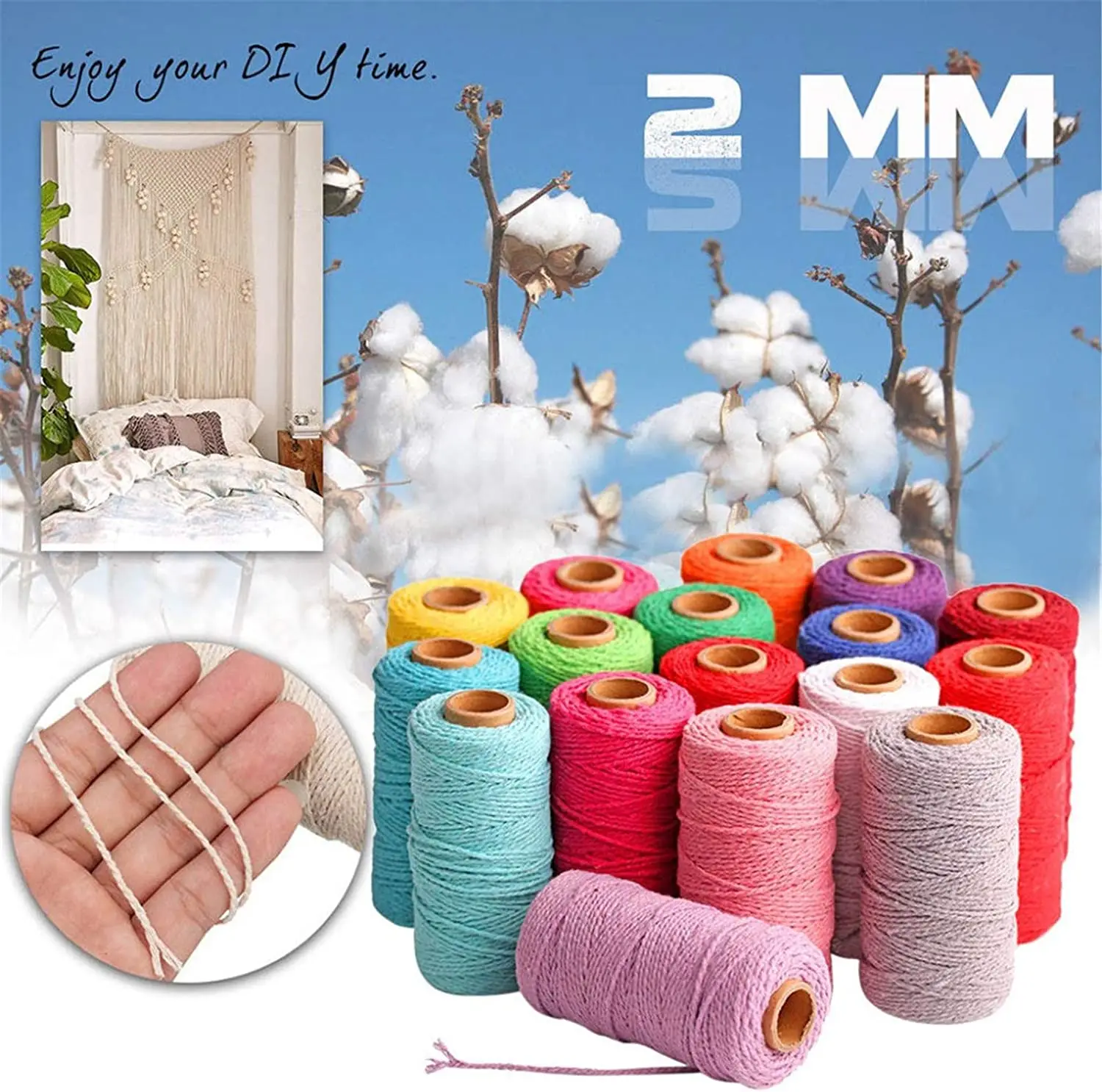 100M/Roll 2mm Macrame Cord Cotton Rope String Crafts DIY Colored Thread Cord Twine Home Decor Wedding Party Accessories