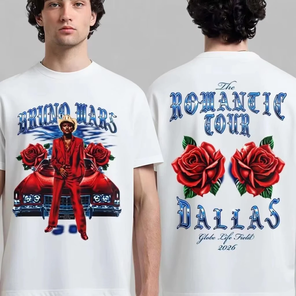 2026 Summer Bruno Mars The Romantic Tour Schedule Dates Two Sided T-shirt Gift for Her Men Women Cotton Oversized T-shirt Y2K