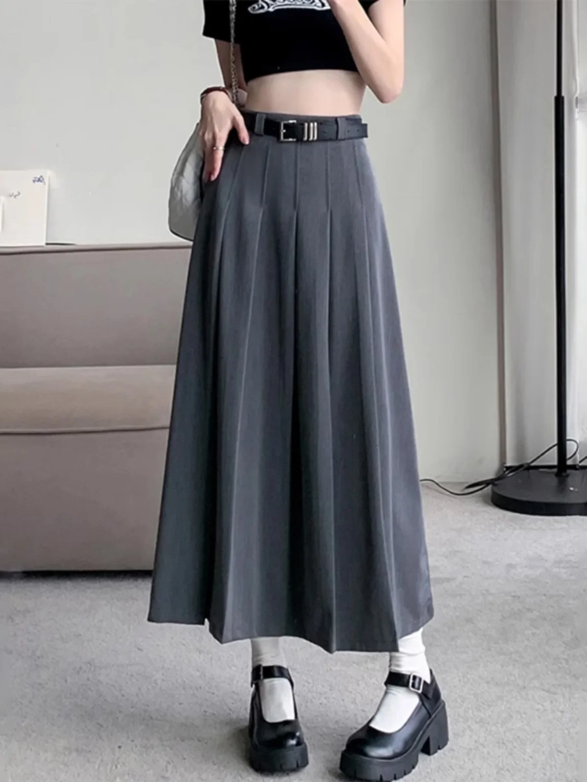 

Solid Color Suit Half-body Skirt Women Spring and Autumn Medium Long Pleated Skirts High Waist Slim Draped A-line Long Skirts