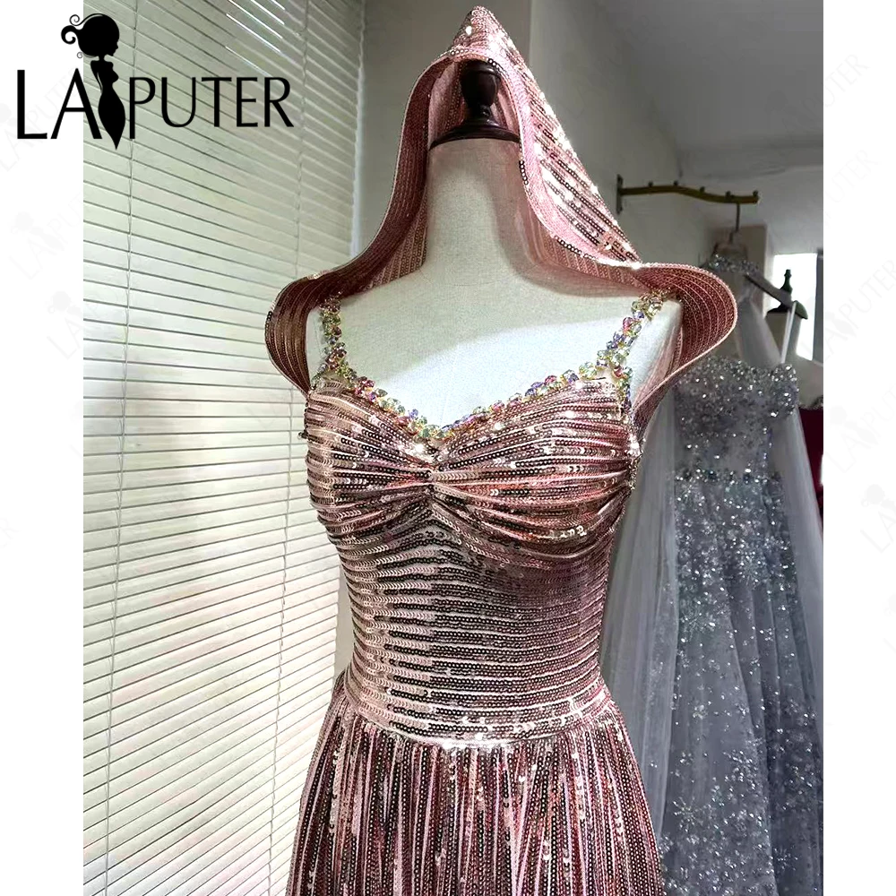 Rose Gold Sequin Prom Dresses with Hats Crystal Straps Evening Gown  Open Low Back Flowing Ruched A line Celebrity Formal Dress