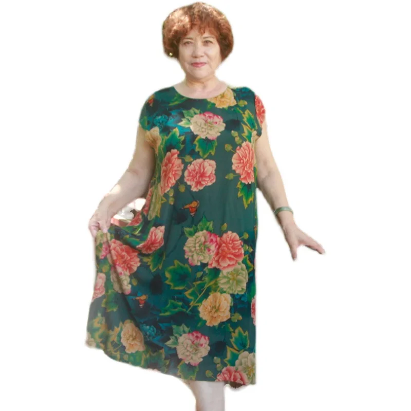 فستان قطني كتاني مطبوع بمقاس أكبر يصل إلى الركبة، فضفاض وعصري للنساء في منتصف العمر وكبار السن