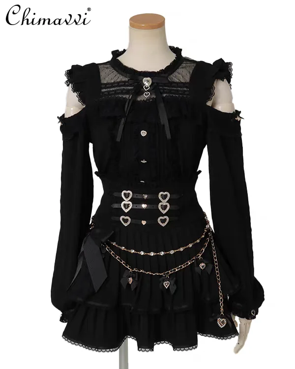 

Japanese Liz Mass-Produced Sweet Cute Shirt Spring Autumn Cute Girl Elegant Princess Lolita Lace Patchwork Off-Shoulder Shirt