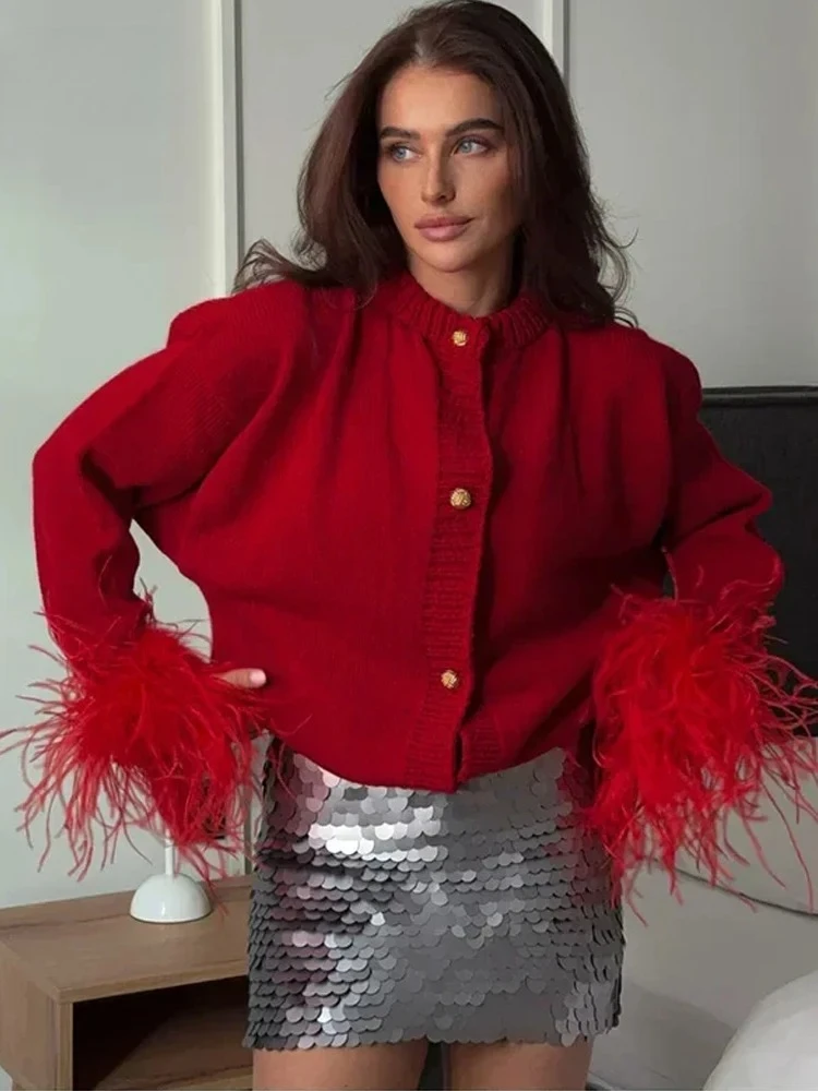 

Женский модный кардиган 2025 года с длинным рукавом, на одной пуговице, укороченный, свободного кроя, с перьевым пэчворком, вязаный, элегантный, для уличного стиля