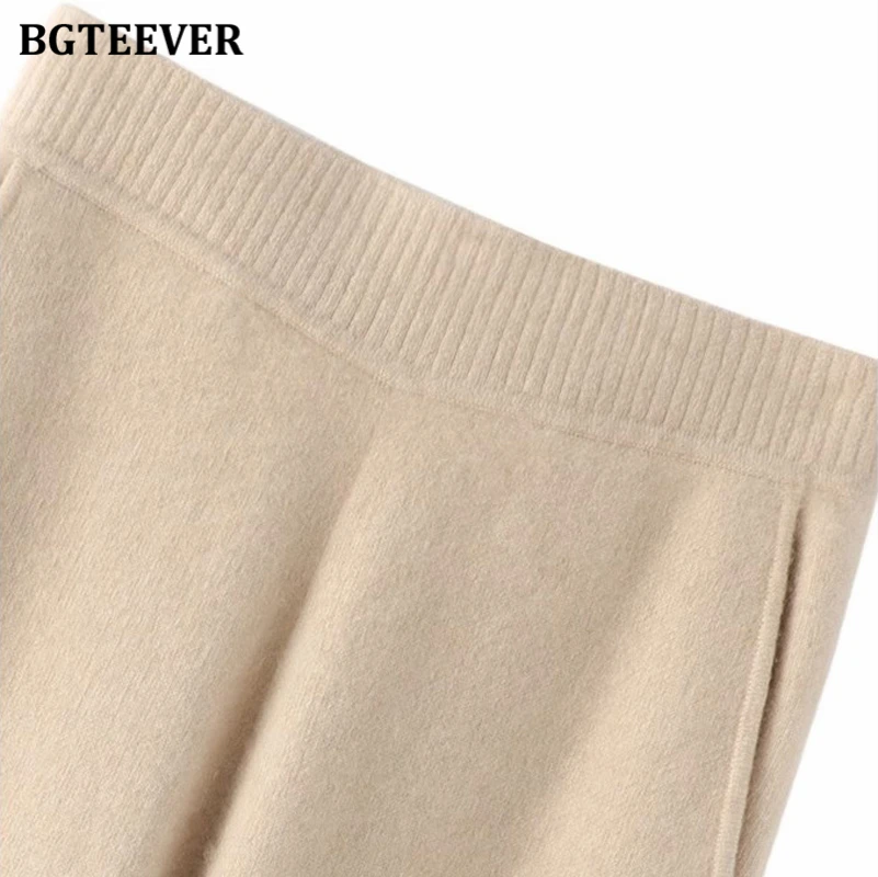 BGTEEVER Chic Stylish High Waist Pockets Ladies Knitted Straight Trousers Autumn Winter Loose Female Wide Leg Sweater Pants