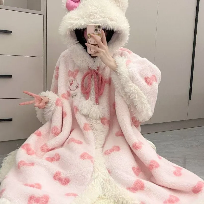 새로운 산리오 헬로 키티 플러시 후드 귀여운 소녀 겨울 가운 홈웨어 세트 두꺼운 산호 양털 따뜻한 잠옷 크리스마스 선물