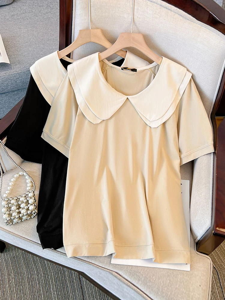 

plus Size Double Layer Baby Doll Collar ort Sve T-irt Women Korean Sle f Sve Slimming Meat Covering Top