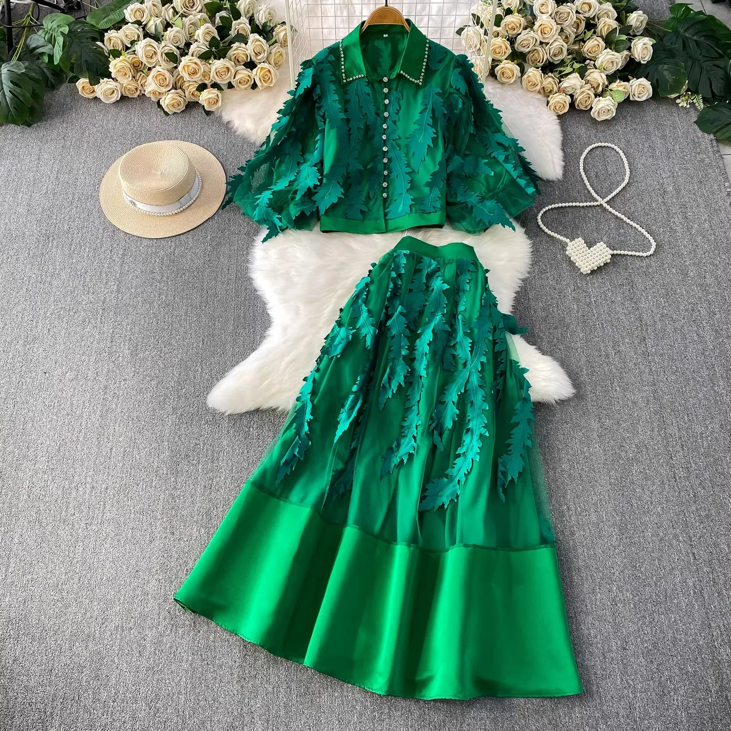 2026 Runway 2 Pieces Suit Women's Beaded Lapel Lantern Sleeve Embroidery Blouses Tops And A-Line Long Skirt Set Female Clothing