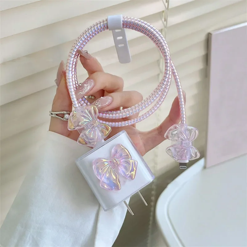 3D Pearl Diamond Love Heart Charger Cover For IPhone 15 13 14 18 20W Bow Transparent Charge Protection Cover Charger Sleeve