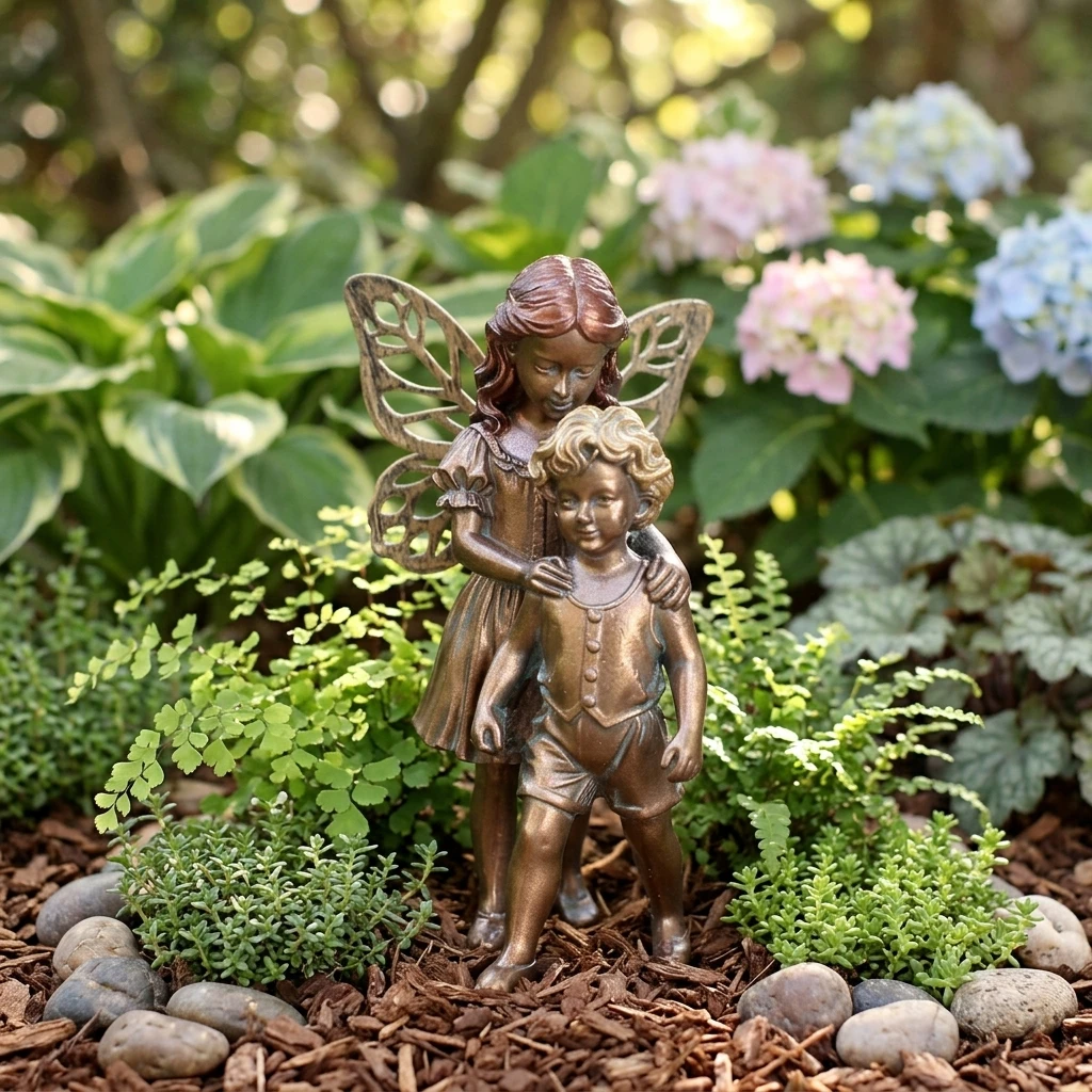 Resin Siblings Statue With Bronze Finish For Outdoor Garden Decoration And Classic Visual Effect