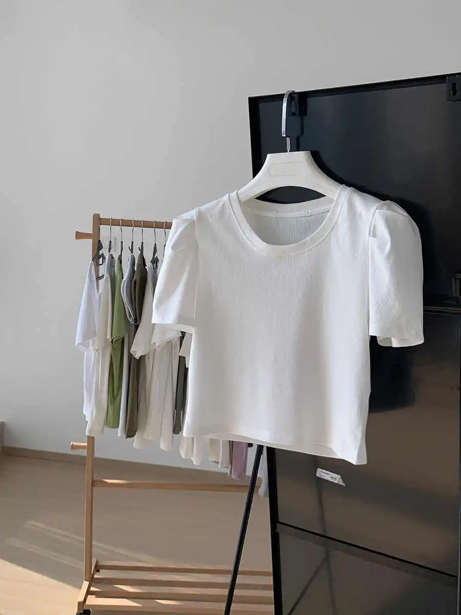 Sommer Französisch Blase Hülse T-shirt Frauen Rundhals Baumwolle Kurzarm Top Weibliche Elegante Einfache Weiche Weiße Tees