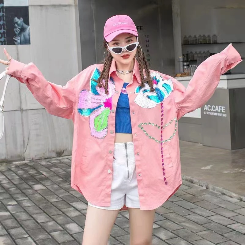 Personalized Street Women's Outerwear 2024 Spring New Heavy Industry Sequins Small And Loose Long Sleeved Pink Shirt Trend