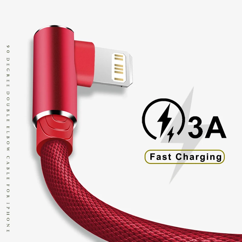 90 Degree USB Cable for iPhone 14 13 12 11 Pro Max Xs X XR 6 6s 7 8 Plus iPad Mini 3A Fast Charging Data Cord for iPhone Charger