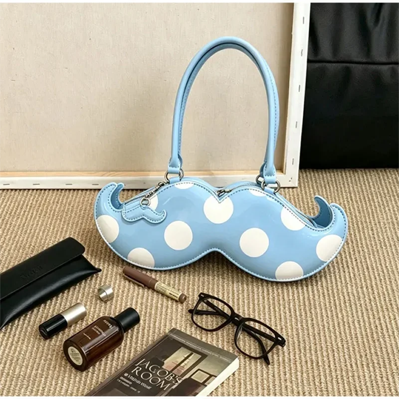 Mustache Shape Polka Dot Hobo Schultertasche, süße, niedliche, ausgefallene, kreative Handtasche für Damen, leichte Alltagstasche im Nischendesign – Detail 3