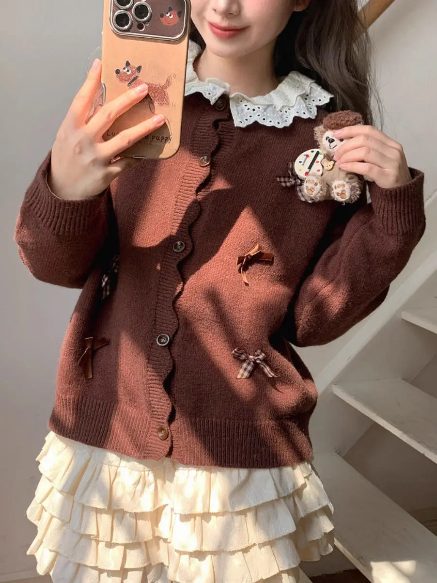 

Sweet Style Solid Color Cardigan 2025 Autumn Winter Bow Detail Knit Sweater Coquette Aesthetic Versatile Womens Fashion
