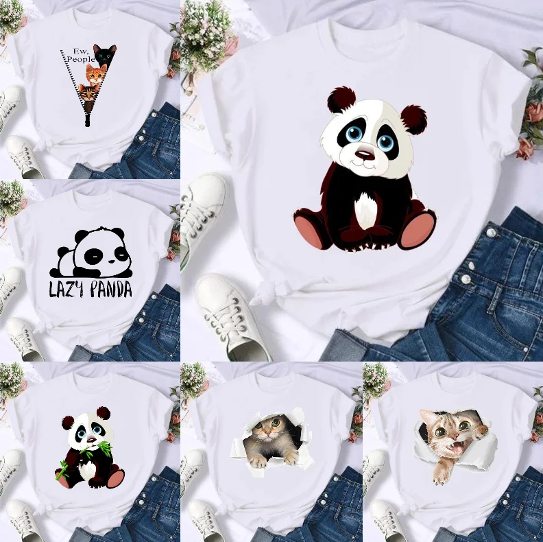 

Panda Pattern Cute Chinese Panda Cat Print Women's Short Sleeved Comfortable Round Neck Short Sleeved T-shirt