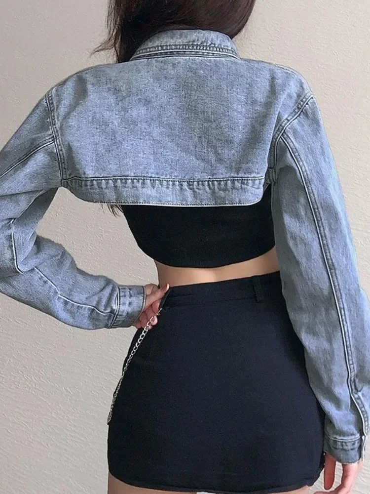 Vintage Langarm Crop Denim Jacke Frauen 2024 Mode Jeans Bomber Jacken Cardigan Mantel Frühling Casual Mäntel Kleidung