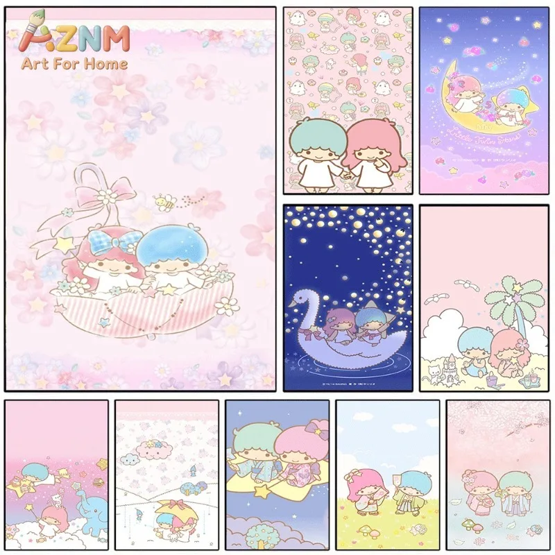Sanrio Little Twin Stars Floral Umbrella Swan Moon Canvas Wall Art Unframed Canvas Poster Print for Girls Bedroom Home Decor Gif