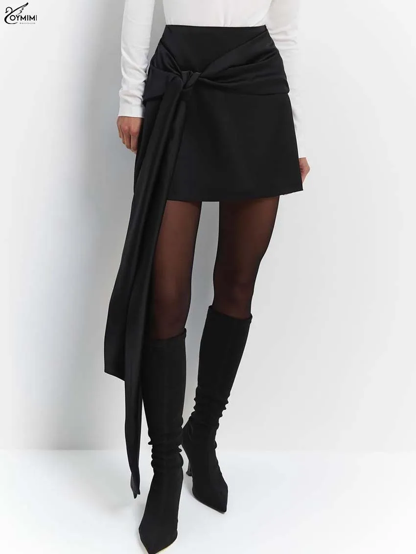 Oymimi Fashion Black Slim Women's Skirt Elegant High Waisted Lace-Up Skirts Summer Casual Zipper Mini Skirts Female Streetwear