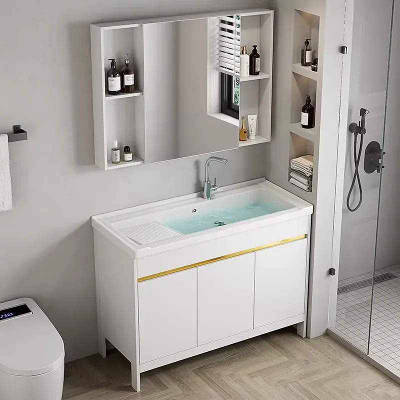 Space Aluminum Floor Standing Bathroom Vanity With Built-In Washboard Ceramic Basin Smart LED Mirror Cabinet for Home Use