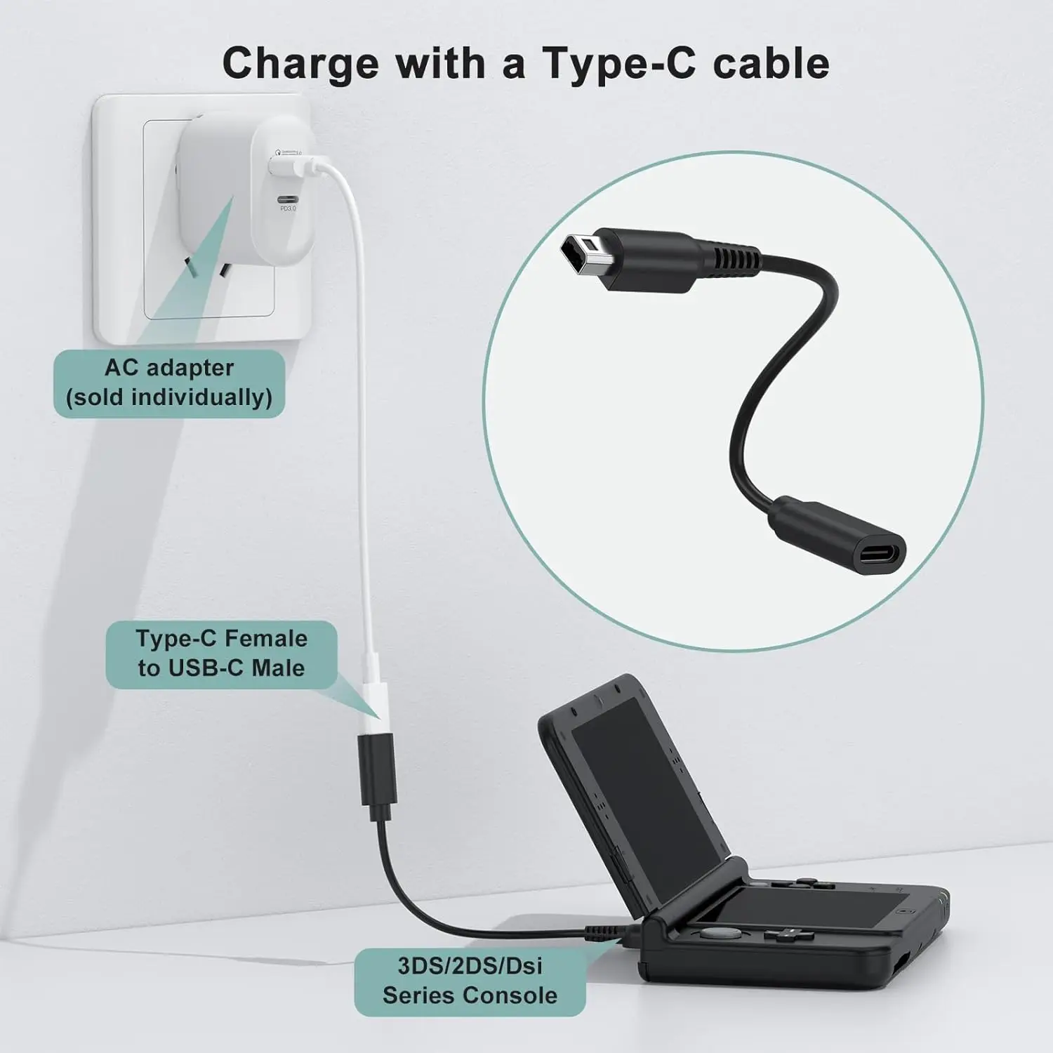 Cable Adaptador de Carga USB C, Cable de Carga Rápida para 3DS XL LL 2DS DSi XL New 2DS LL, Accesorio de Repuesto de Alimentación para Consola de Juegos