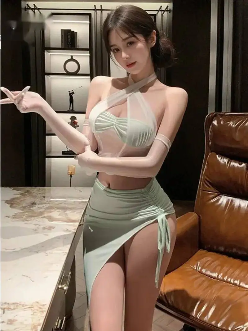 فستان بيجامات برباط مكشوف للأرداف مثير ورغبة نقية فستان أنيق من الدانتيل الشبكي باللون الأخضر 2025 ملابس علوية جديدة VYJ0 #1