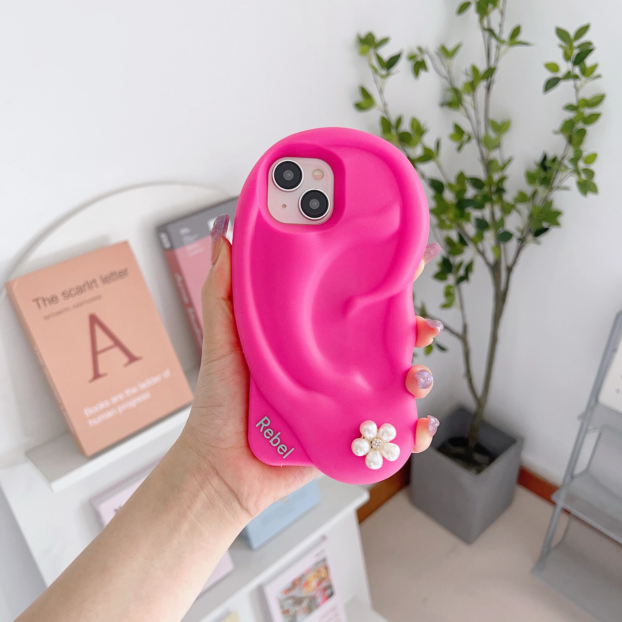 3D lustige ohrförmige weiche Silikon-Handyhülle für iPhone 15 14 13 12 11 Pro Max, kreative Ohrringe, stoßfeste rosa Abdeckung