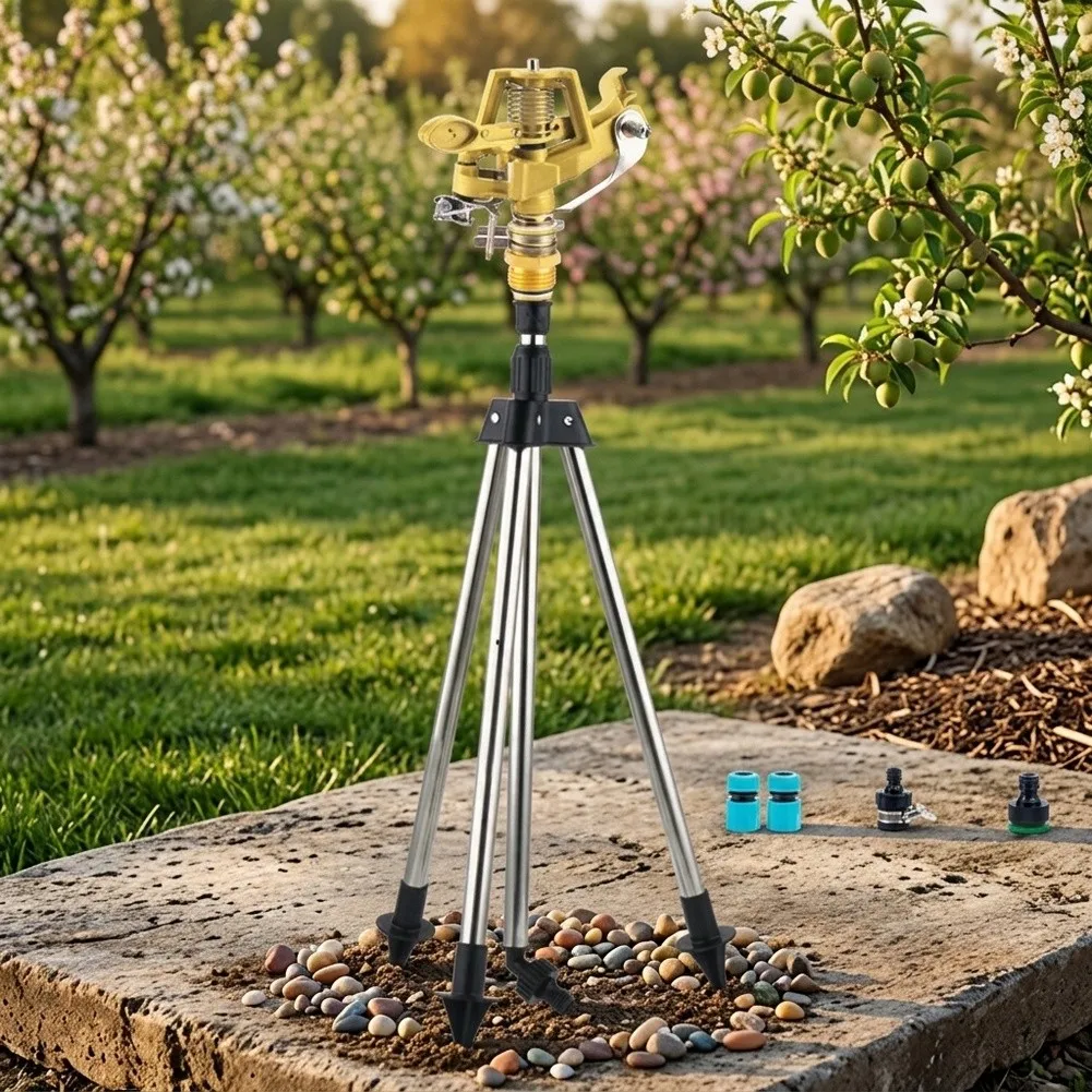 Automatic Rotating Tripod Sprinkler for Efficient Lawn and Garden Watering with Adjustable Height and Spray Settings