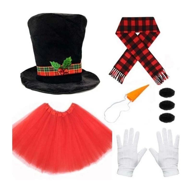 Kit costume pupazzo di neve Natale Inverno Costume gelido Cappello pupazzo di neve con gonne tutù Carota Naso Sciarpa Guanti Pompon Palle