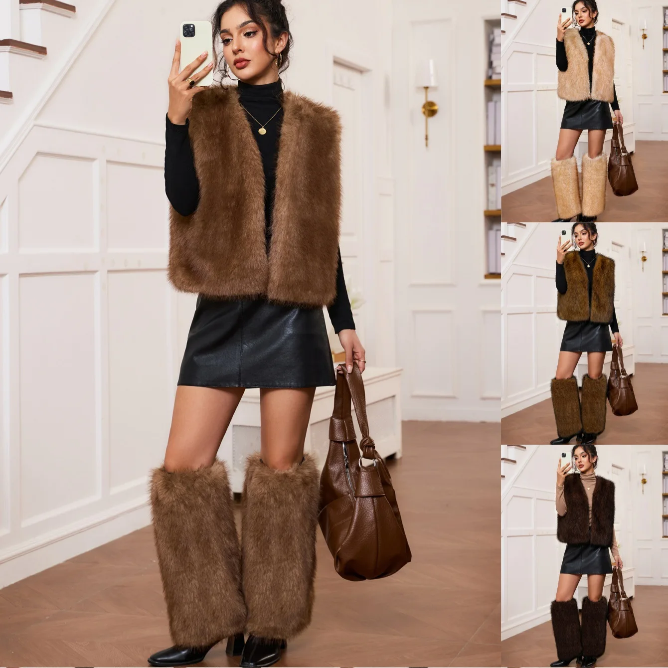 Women Faux Fur 2 Set Piece Vest Sleeveless Waistcoat Fluffy Leg Warmers Autumn Winter Open Front Outfit Y2k Streetwear Thick