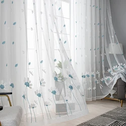 1pc Dragonfly Insect Pattern Embroidery Sheer Curtain，Modern Pastoral Style Thin Transparent Gauze curtain for the Living Room