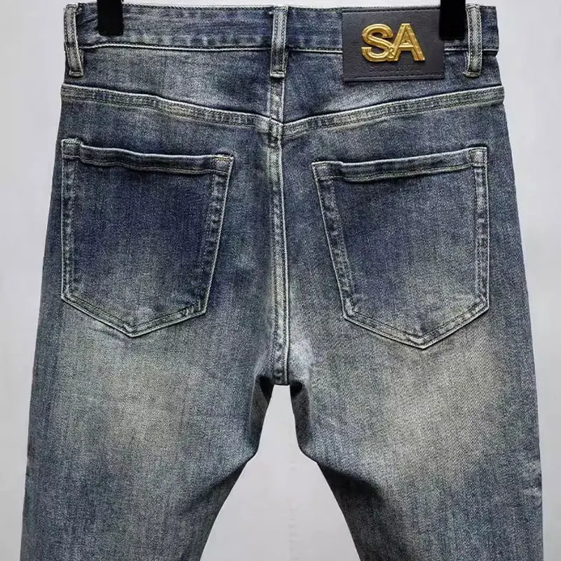 Y2KStreet Fashion Men's Jeans Vintage Washed Blue Elastic Slim Fit Decal Jeans n's Y2KDesigner Hip Hop Jeans Pencil Pants hombre