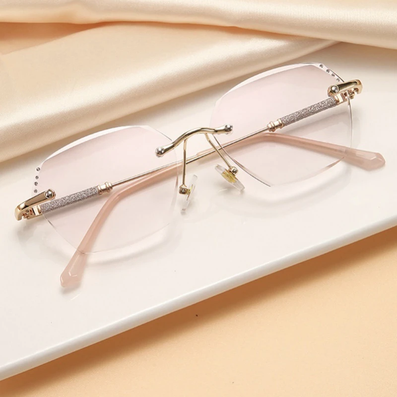 Luxury Ladies Diamond Cutting Reading Glasses Anti-blue Light Rimless Presbyopia Eyeglasses Optical Prescription Eyewear To +4.0