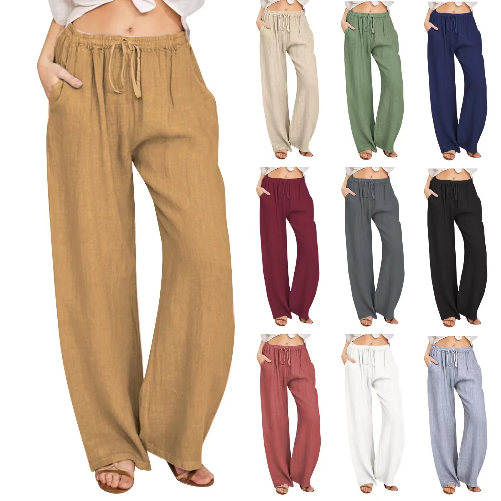 Large Size Women's Clothing with Elastic Waistband Long Linen Casual and Versatile Slimming Loose and Wide Leg Pants for Women