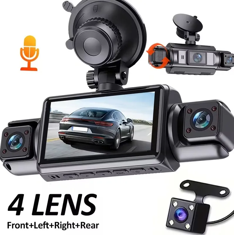 4-Channel Car Dash Camera with 1080P Front And 720P Left/Inside Right Rear DVR, Featuring Night Vision, Loop Recording, And 24-H